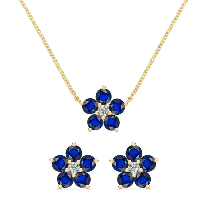 Greenwich Flower Sapphire & Diamond Necklace and Earrings Set in 14k Gold (September) sold by Haverhill