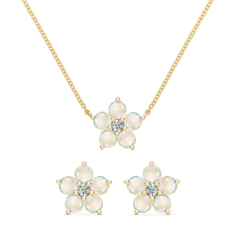 Greenwich Flower Opal & Diamond Necklace and Earrings Set in 14k Gold (October) sold by Haverhill