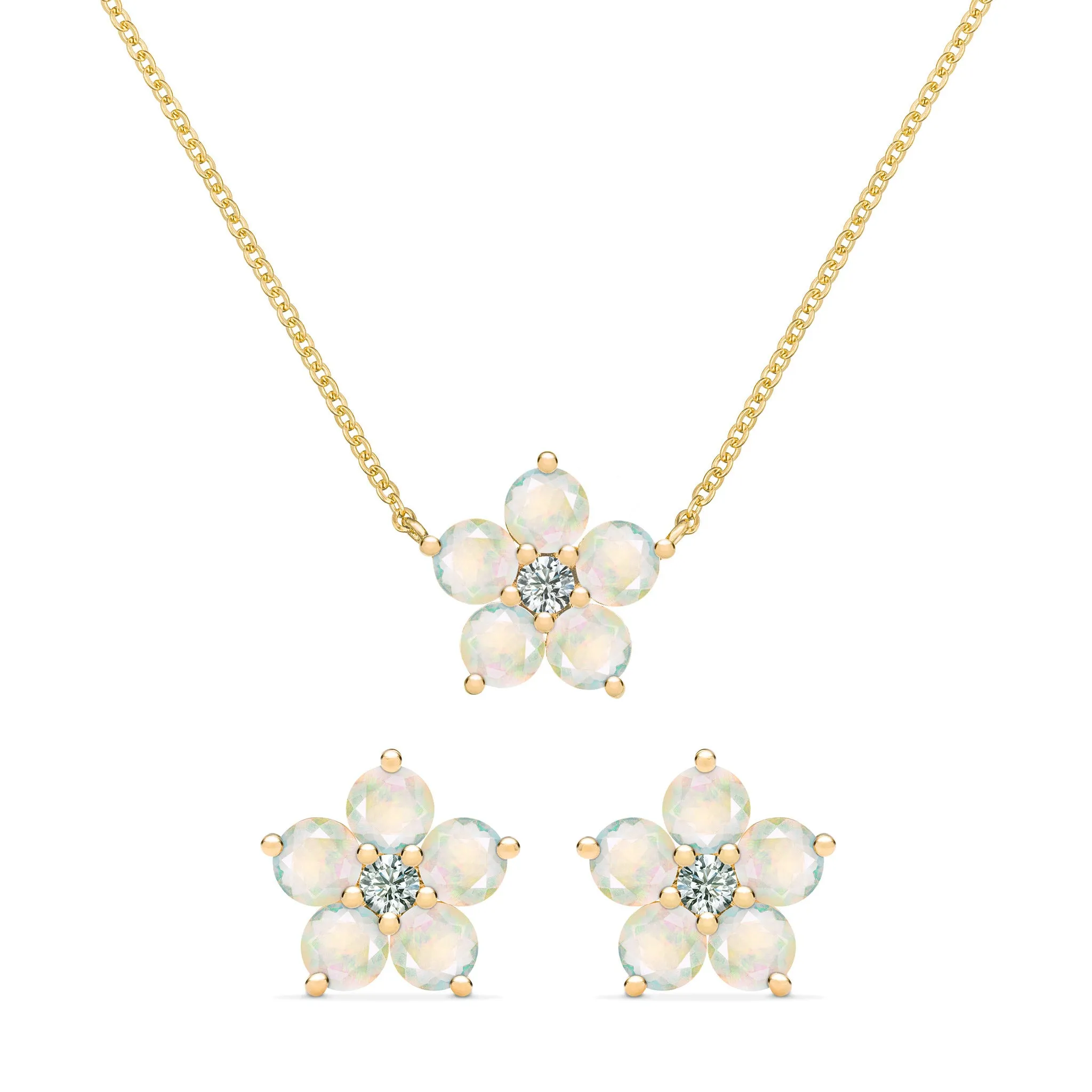 Greenwich Flower Opal & Diamond Necklace and Earrings Set in 14k Gold (October) sold by Haverhill