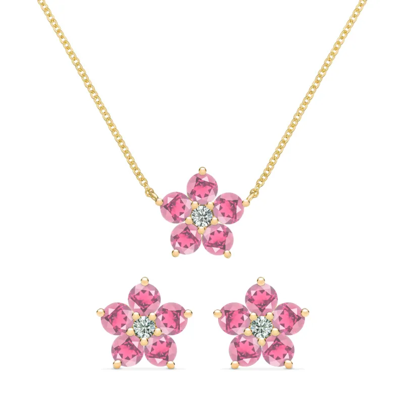 Greenwich Flower Pink Tourmaline & Diamond Necklace and Earrings Set in 14k Gold (October) sold by Haverhill