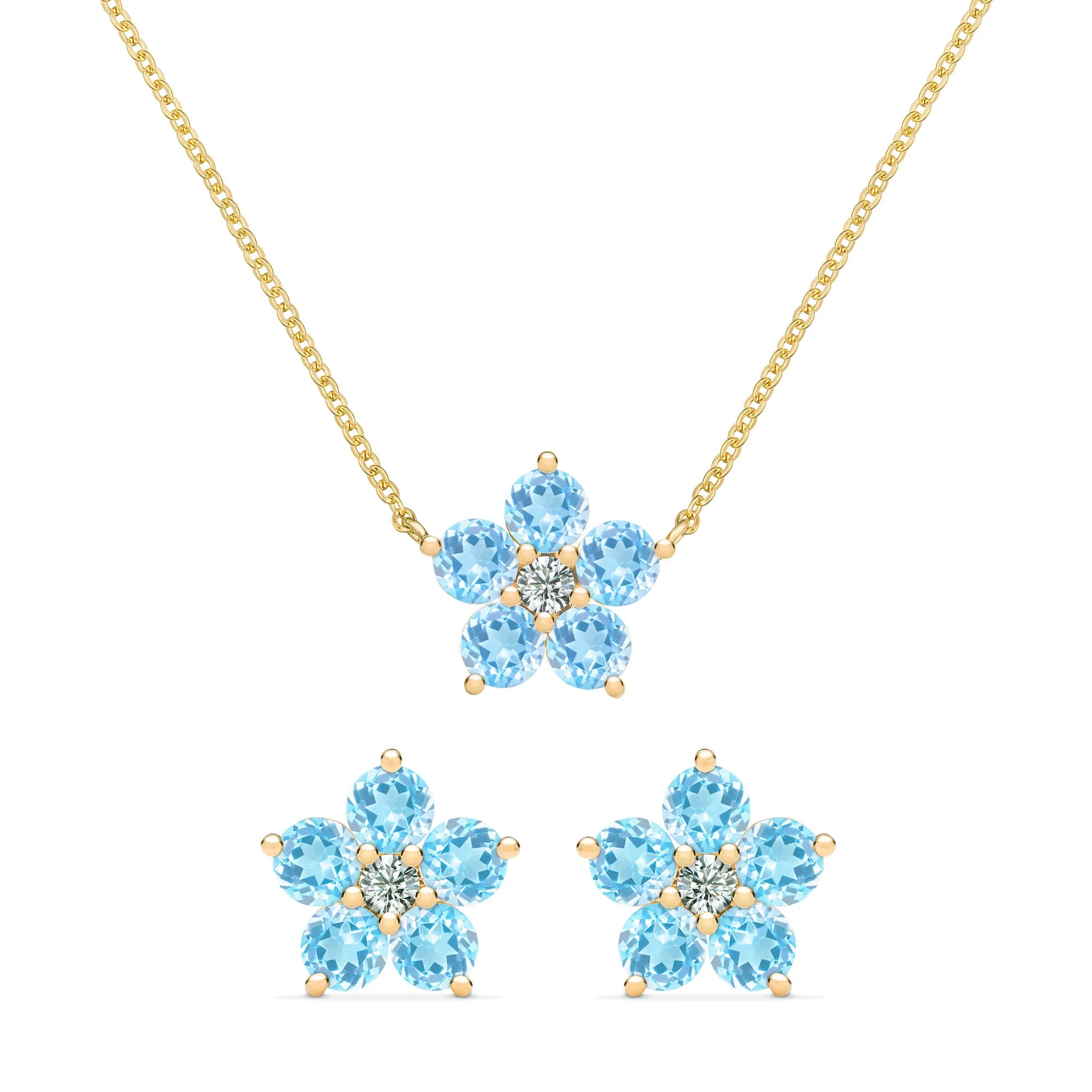 Greenwich Flower Nantucket Blue Topaz & Diamond Necklace and Earrings Set in 14k Gold (December) sold by Haverhill