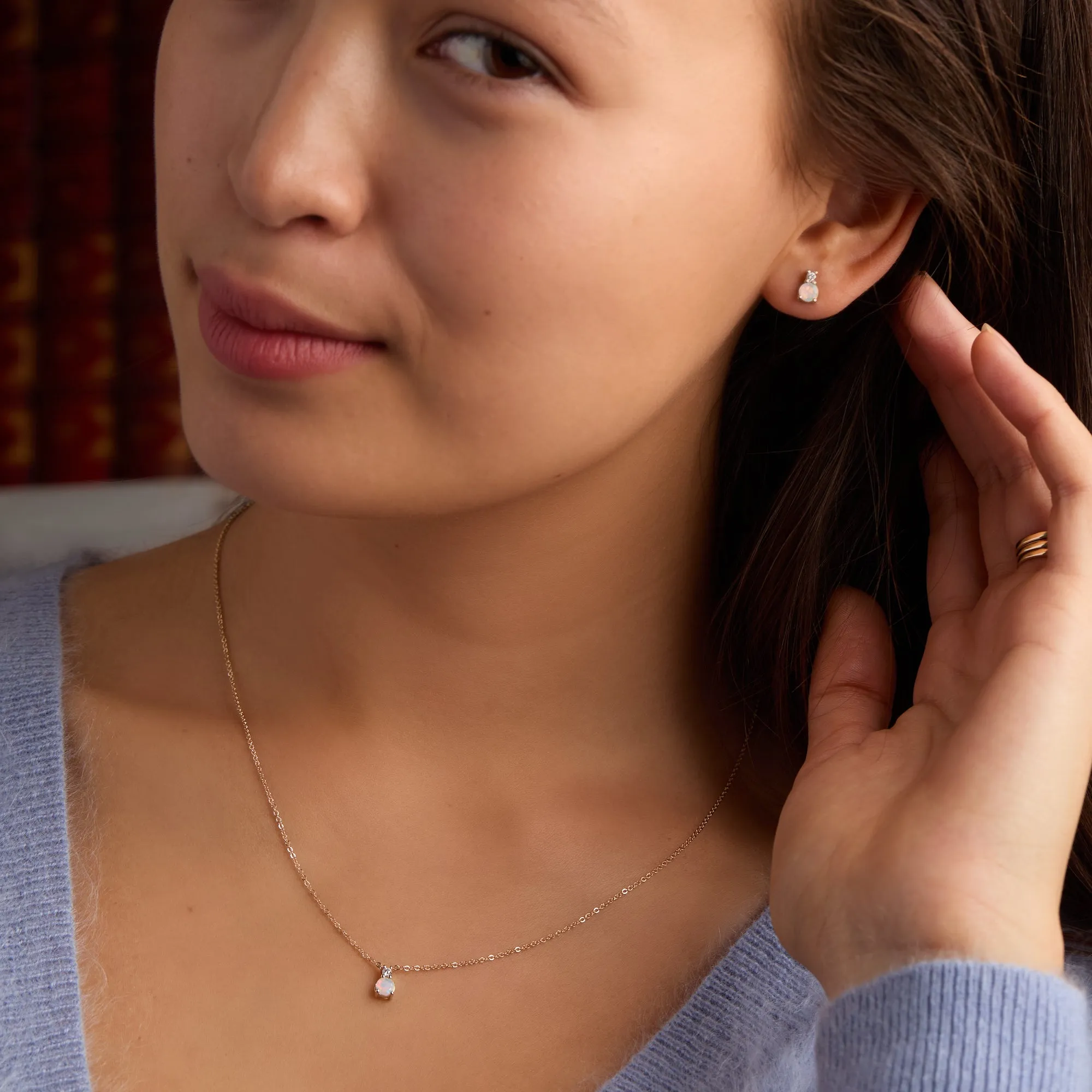 Greenwich Solitaire Opal & Diamond Necklace and Earrings Set in 14k Gold (October) sold by Haverhill product image thumbnail 2