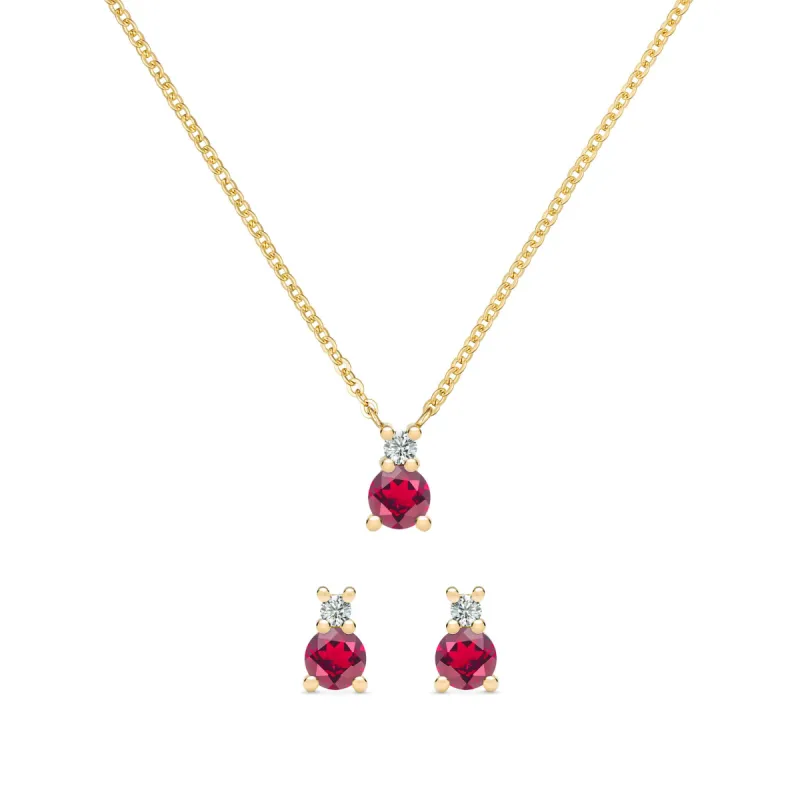 Greenwich Solitaire Ruby & Diamond Necklace and Earrings Set in 14k Gold (July) sold by Haverhill