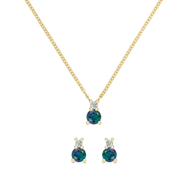 Greenwich Solitaire Alexandrite & Diamond Necklace and Earrings Set in 14k Gold (June) sold by Haverhill