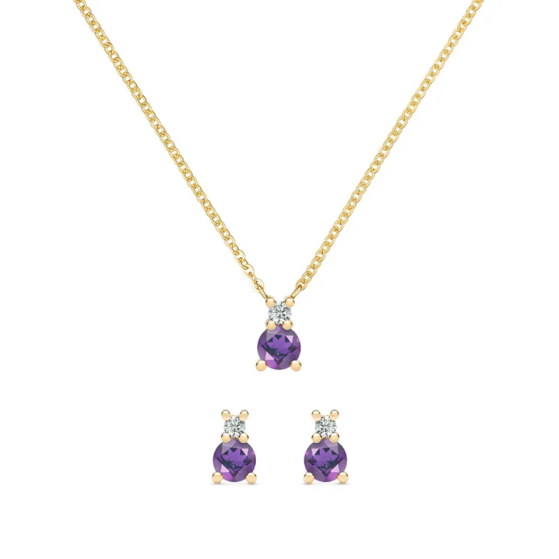 Greenwich Solitaire Amethyst & Diamond Necklace and Earrings Set in 14k Gold (February) sold by Haverhill