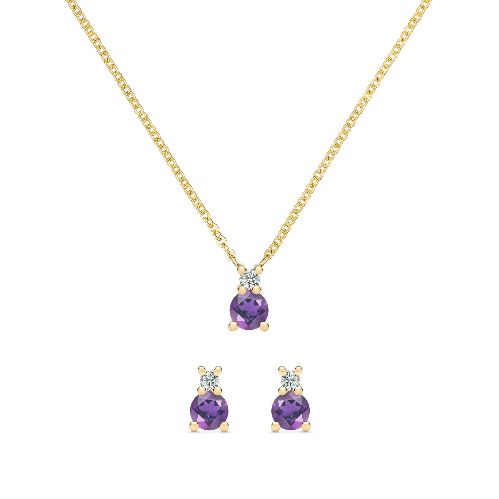 Greenwich Solitaire Amethyst & Diamond Necklace and Earrings Set in 14k Gold (February) sold by Haverhill