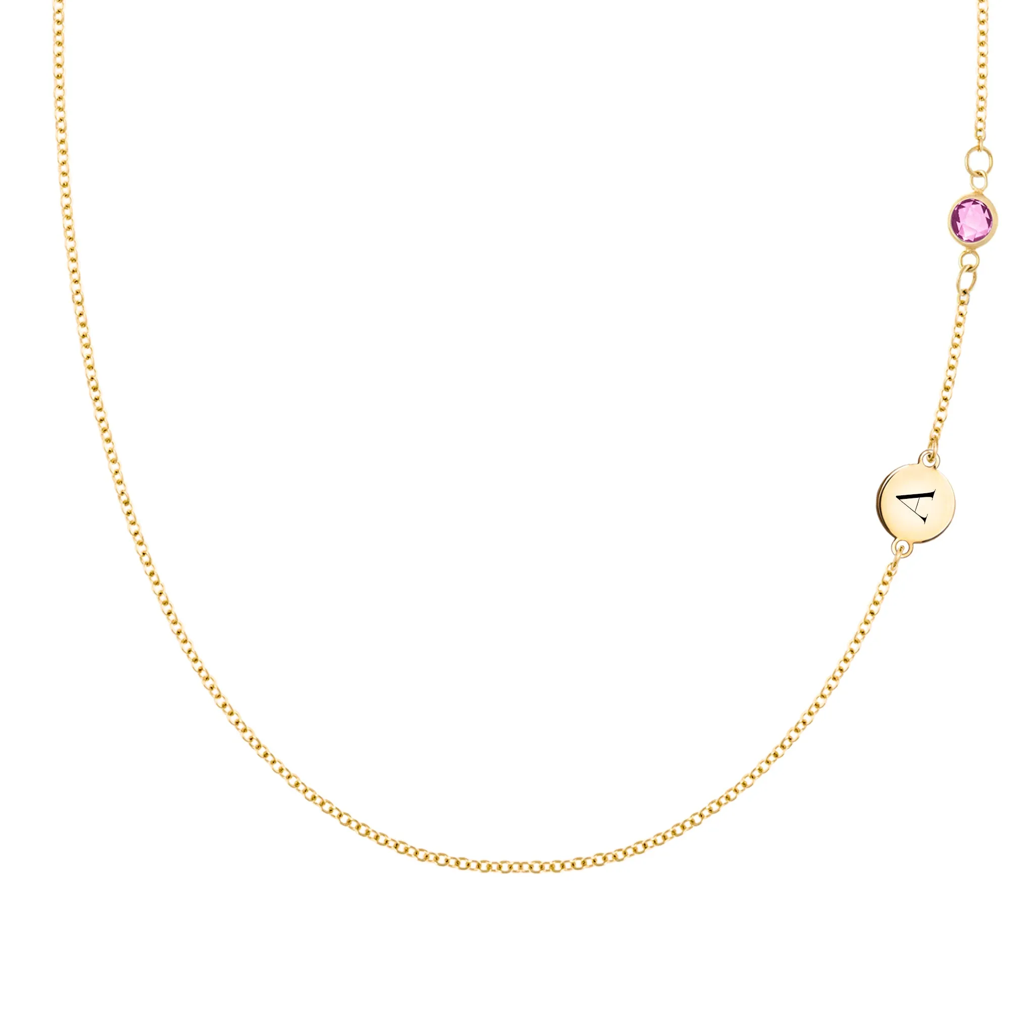 1 Letter & 1 Petite Pink Sapphire Necklace in 14k Gold (October) sold by Haverhill