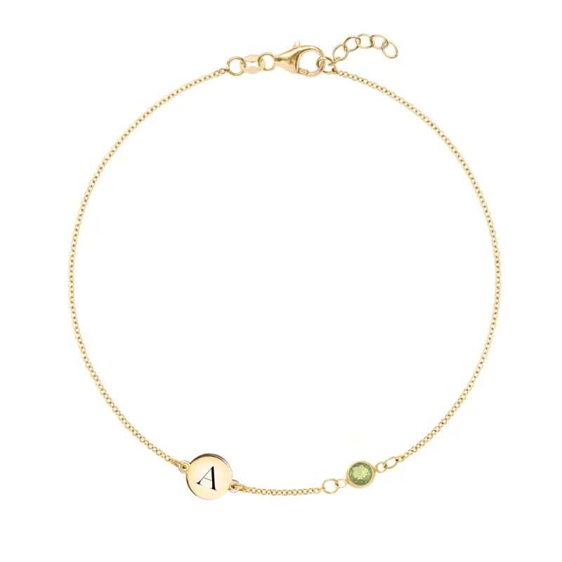 1 Letter & 1 Petite Peridot Bracelet in 14k Gold (August) sold by Haverhill