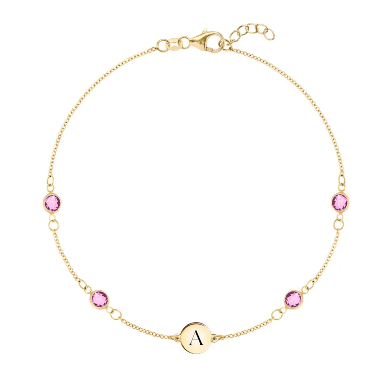 1 Letter & 4 Petite Pink Sapphire Bracelet in 14k Gold (October) sold by Haverhill