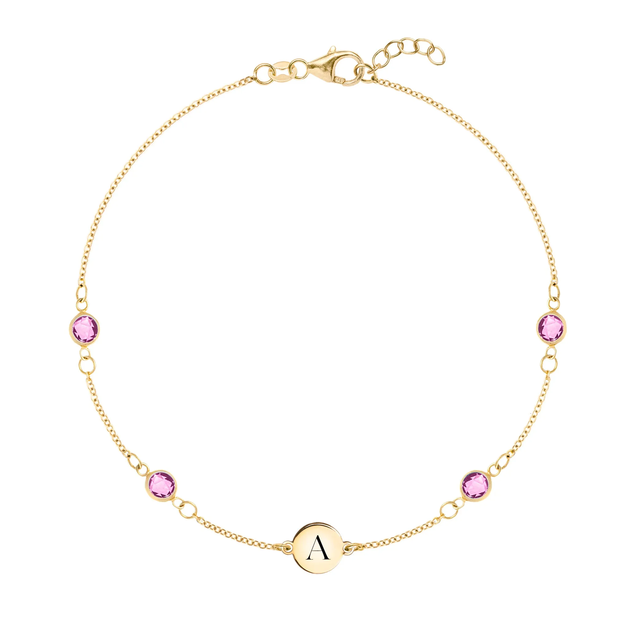 1 Letter & 4 Petite Pink Sapphire Bracelet in 14k Gold (October) sold by Haverhill