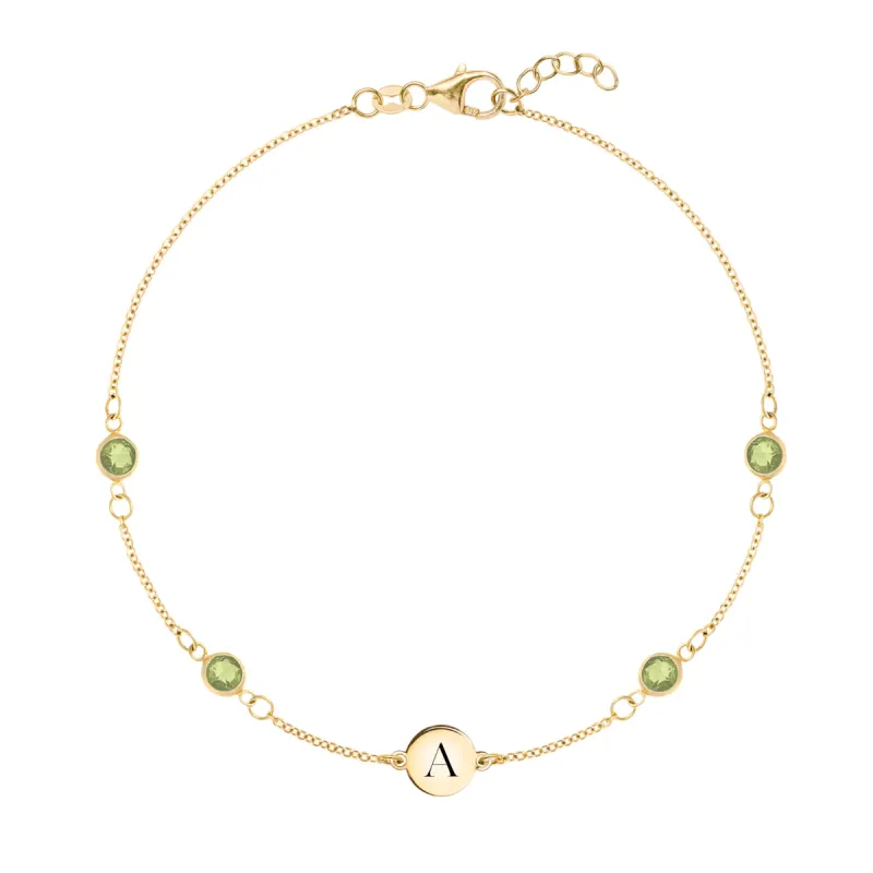 1 Letter & 4 Petite Peridot Bracelet in 14k Gold (August) sold by Haverhill