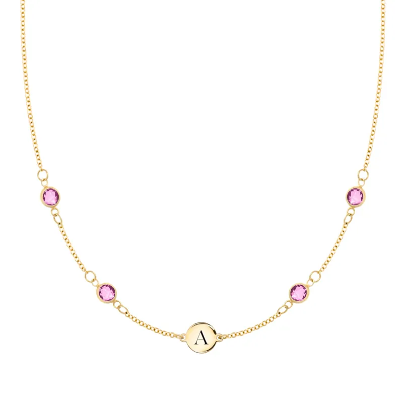1 Letter & 4 Petite Pink Sapphire Necklace in 14k Gold (October) sold by Haverhill