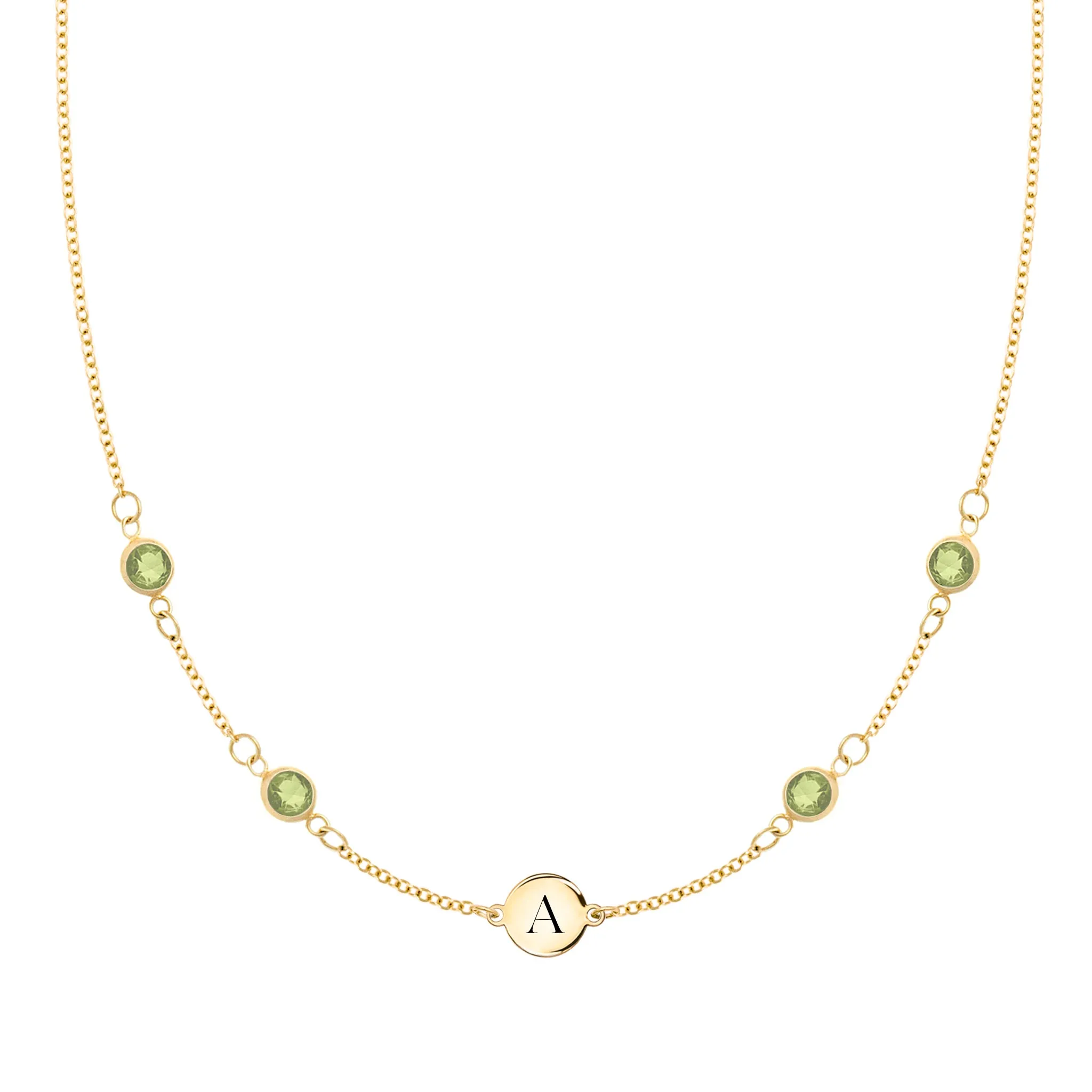 1 Letter & 4 Petite Peridot Necklace in 14k Gold (August) sold by Haverhill