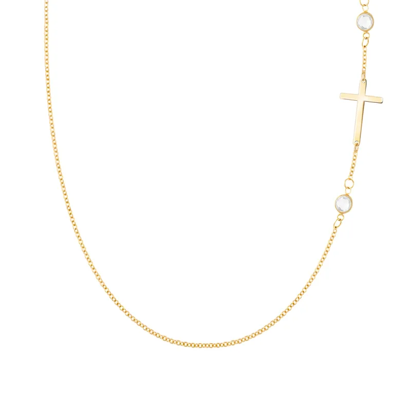Cross & Petite 2 Birthstone Necklace in 14k Gold sold by Haverhill