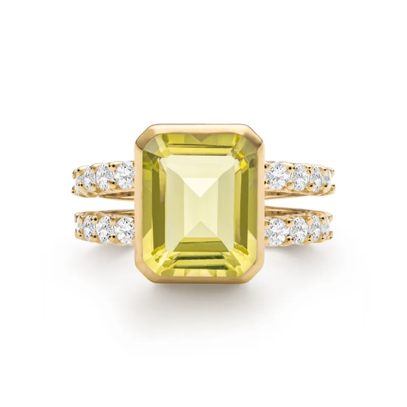 Warren Vertical Lemon Verbena Quartz Ring with Diamonds in 14k Gold (August) sold by Haverhill