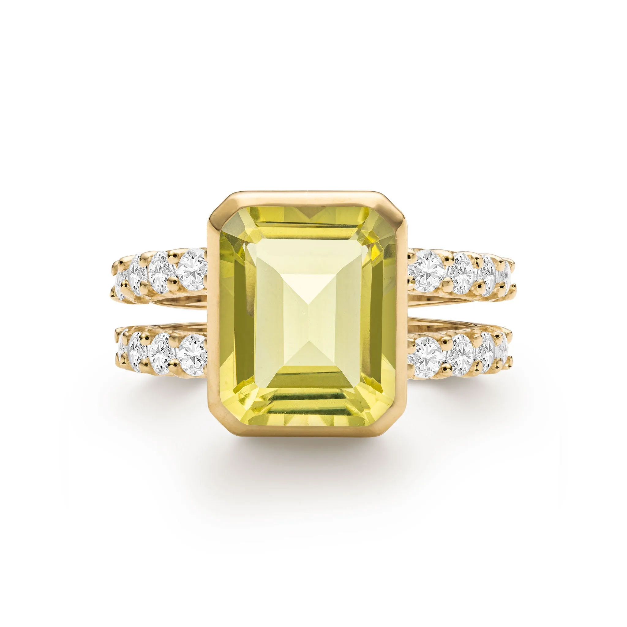 Warren Vertical Lemon Verbena Quartz Ring with Diamonds in 14k Gold (August) sold by Haverhill