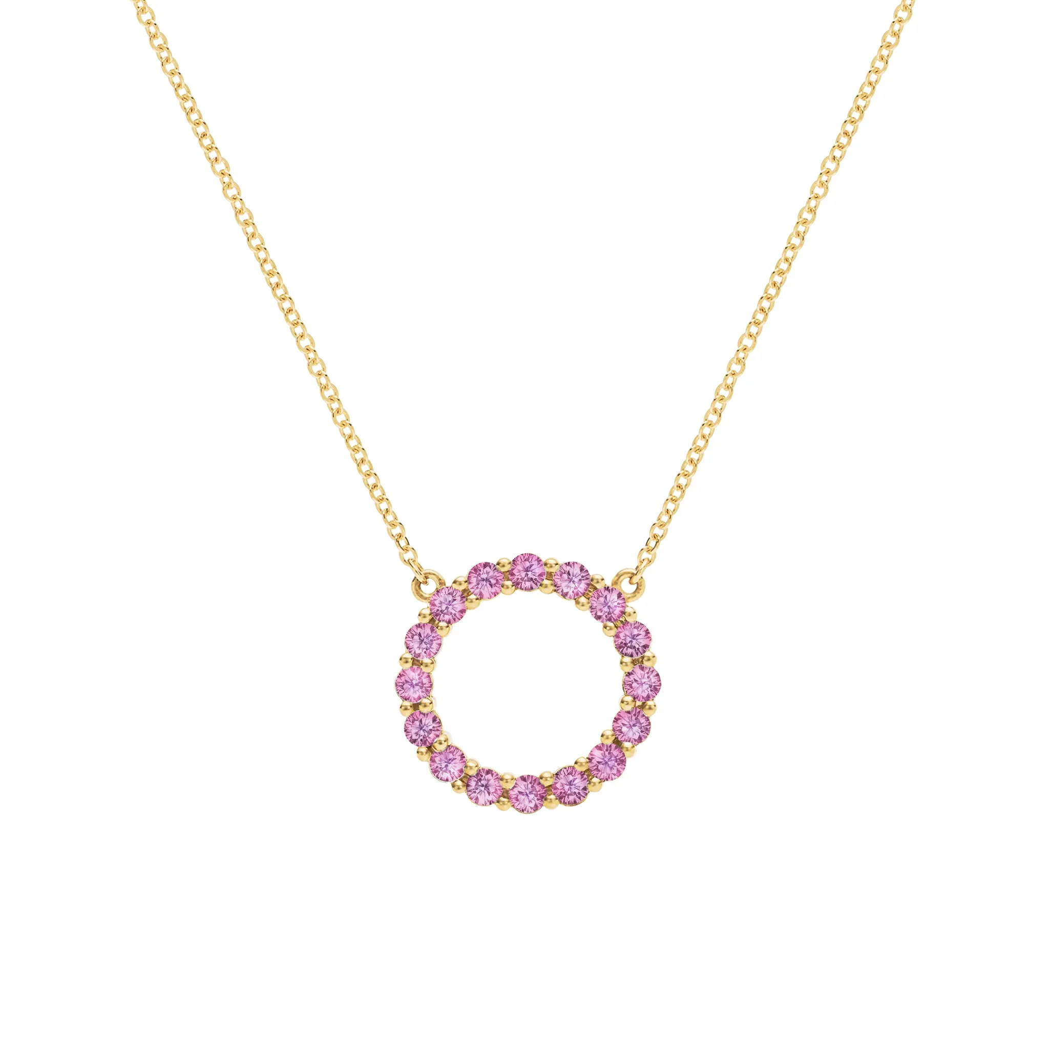 Rosecliff Circle Pink Sapphire Necklace in 14k Gold (October) sold by Haverhill