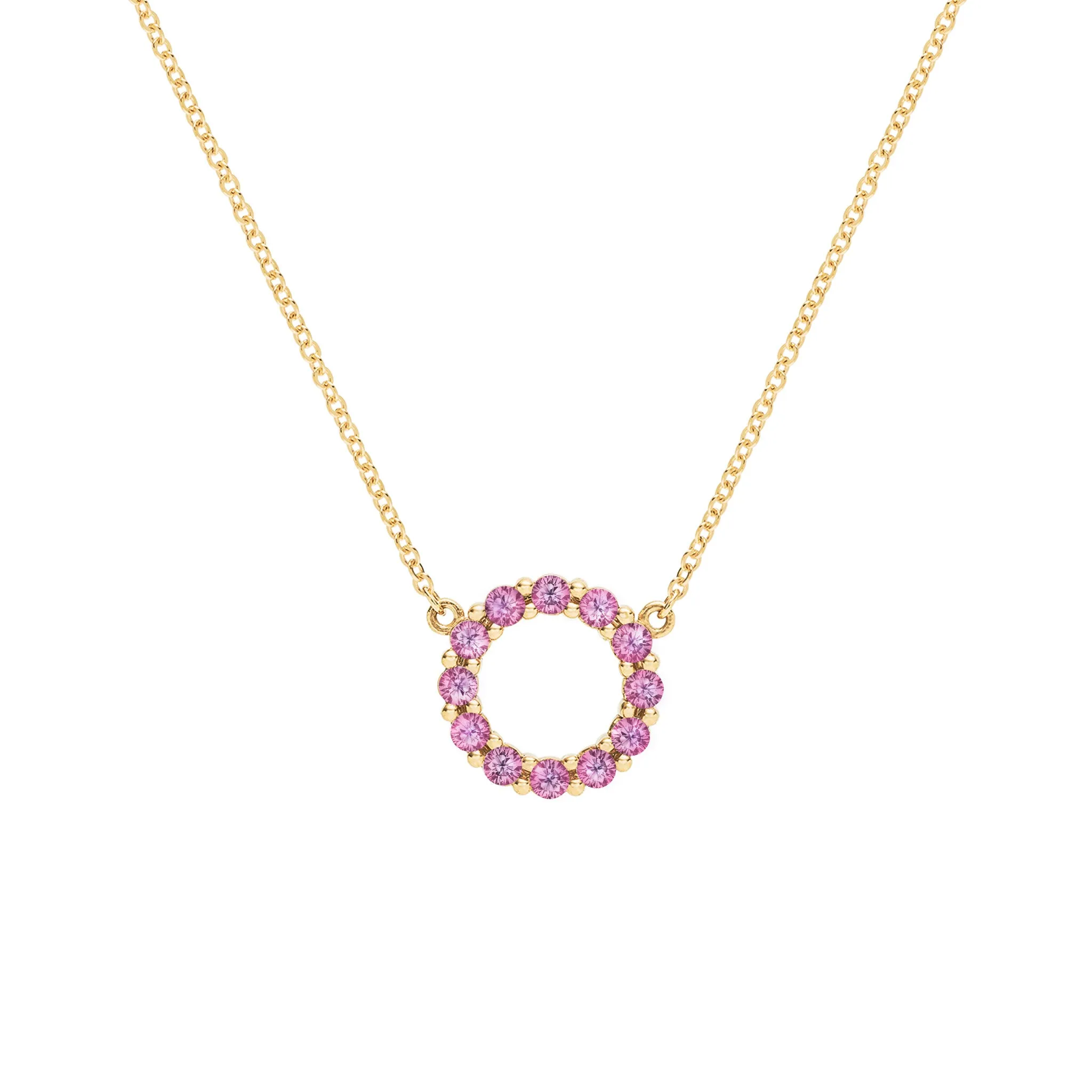 Rosecliff Small Circle Pink Sapphire Necklace in 14k Gold (October) sold by Haverhill