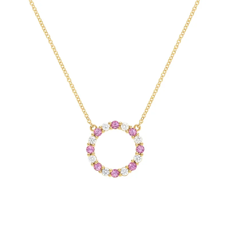 Rosecliff Circle Diamond & Pink Sapphire Necklace in 14k Gold (October) sold by Haverhill