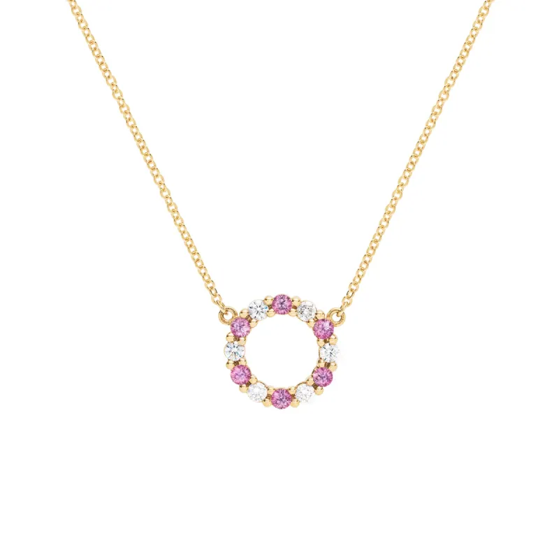 Rosecliff Small Circle Diamond & Pink Sapphire Necklace in 14k Gold (October) sold by Haverhill