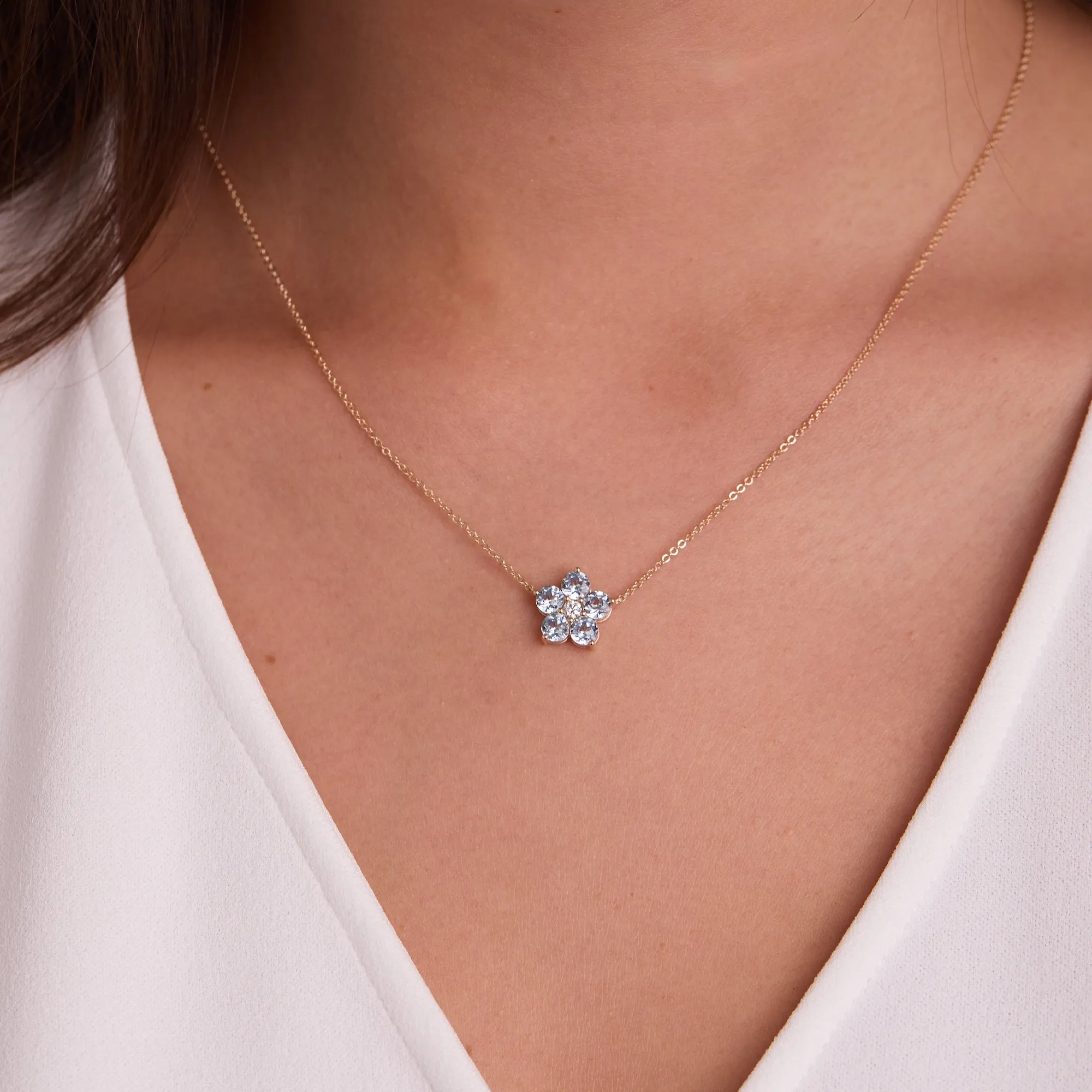 Greenwich Flower Aquamarine & Diamond Necklace in 14k Gold (March) sold by Haverhill product image thumbnail 3