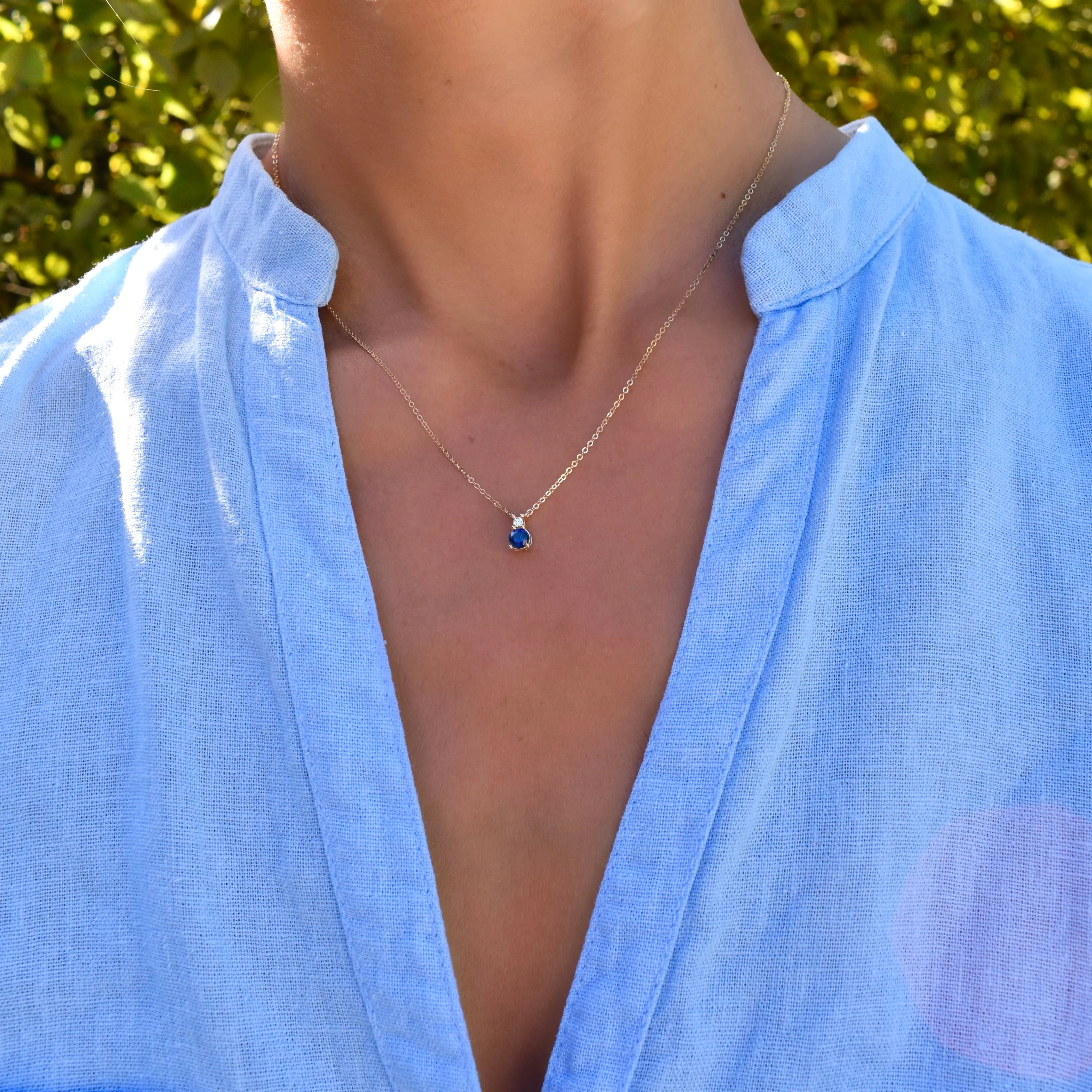 Greenwich Solitaire Sapphire & Diamond Necklace in 14k Gold (September) sold by Haverhill product image thumbnail 2