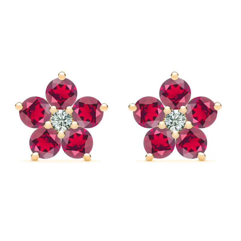 Greenwich Flower Ruby & Diamond Earrings in 14k Gold (July) sold by Haverhill