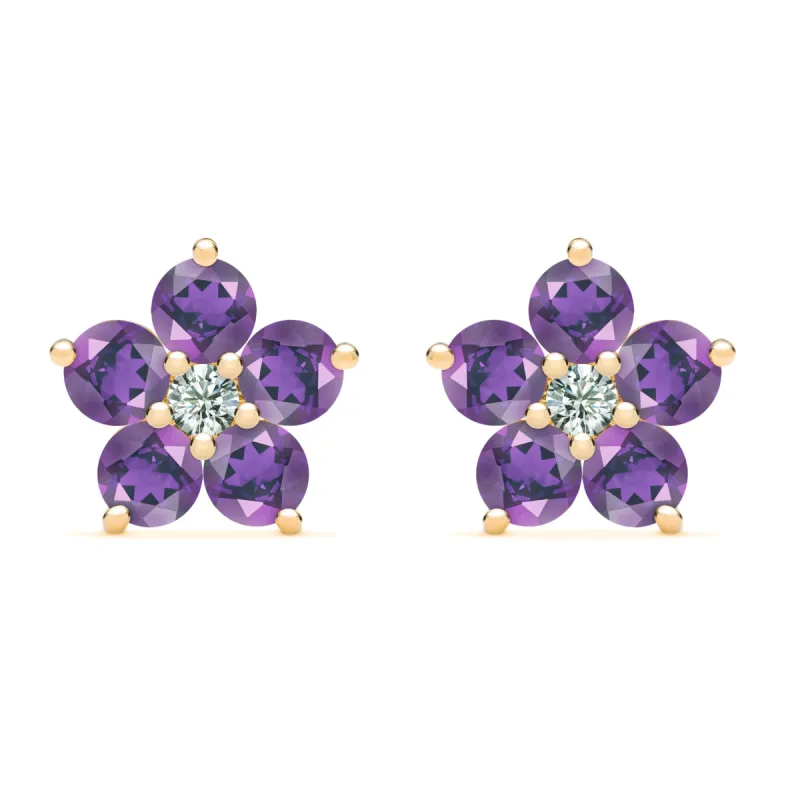 Greenwich Flower Amethyst & Diamond Earrings in 14k Gold (February) sold by Haverhill
