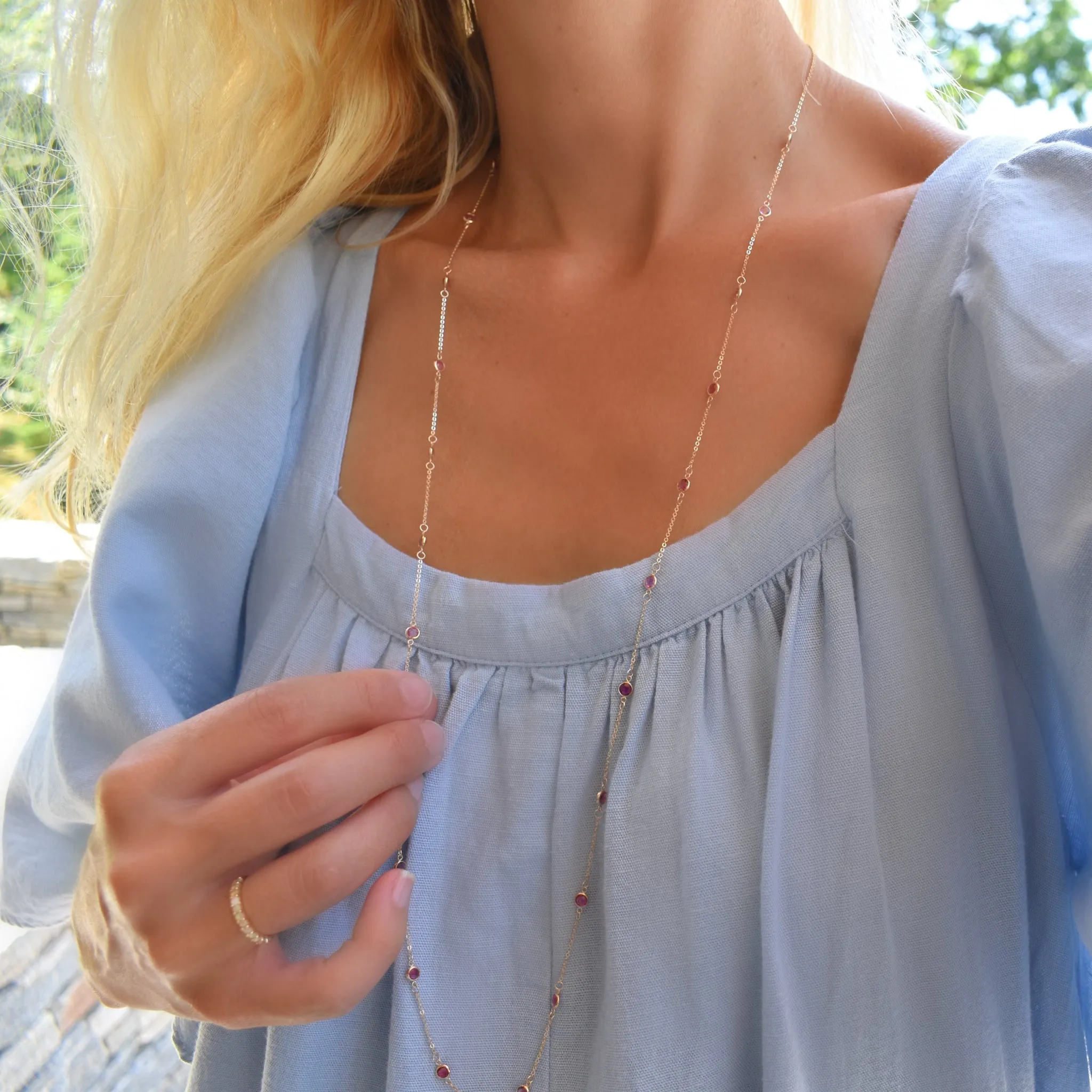 Bayberry Pink Sapphire Long Necklace in 14k Gold (October) sold by Haverhill product image thumbnail 2