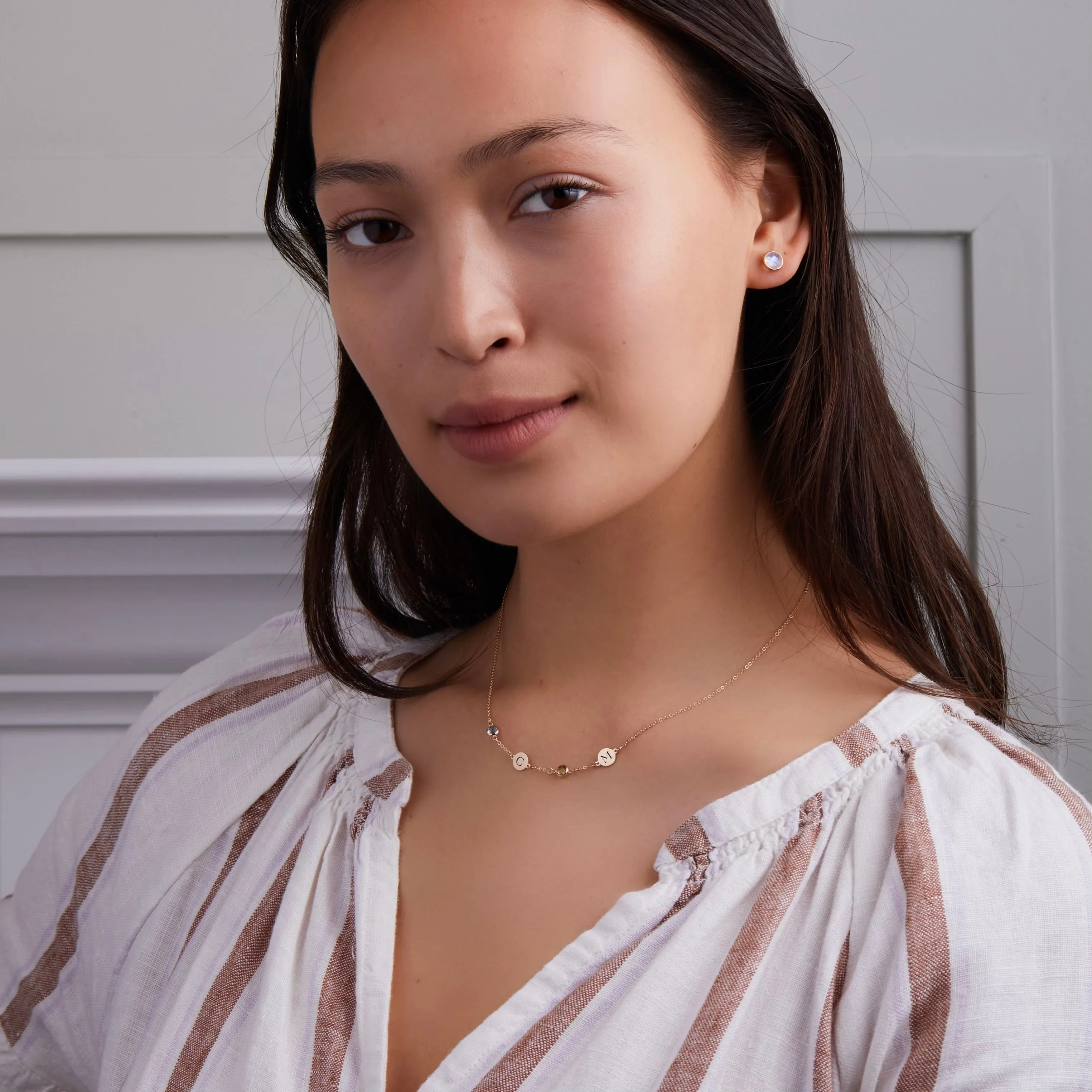 Personalized 2 Letter & 2 Petite Birthstone Necklace in 14k Gold (Single Spacing) sold by Haverhill product image thumbnail 2