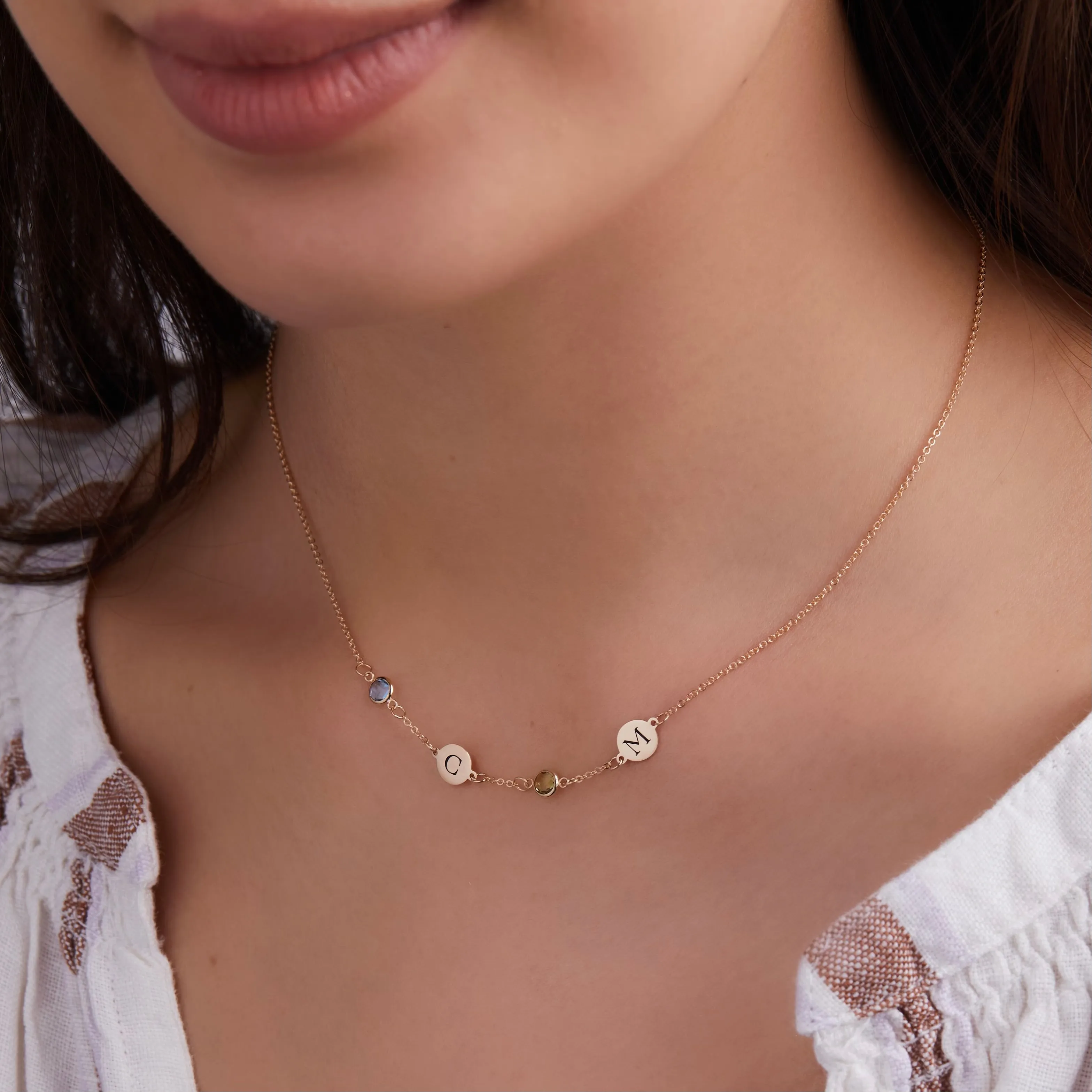 Personalized 2 Letter & 2 Petite Birthstone Necklace in 14k Gold (Single Spacing) sold by Haverhill product image thumbnail 3