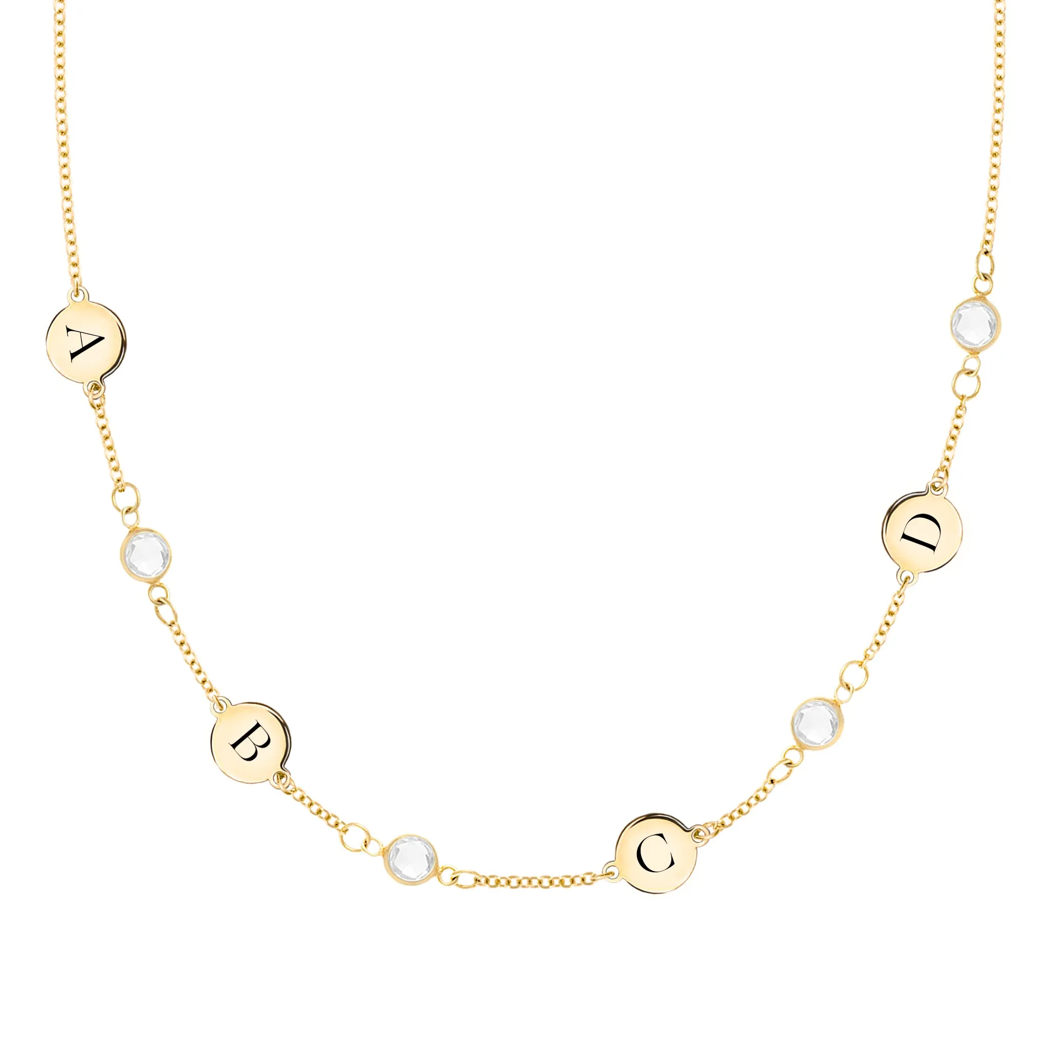 4 Letter & 4 Petite Birthstone Necklace in 14k Gold (Single Spacing) sold by Haverhill