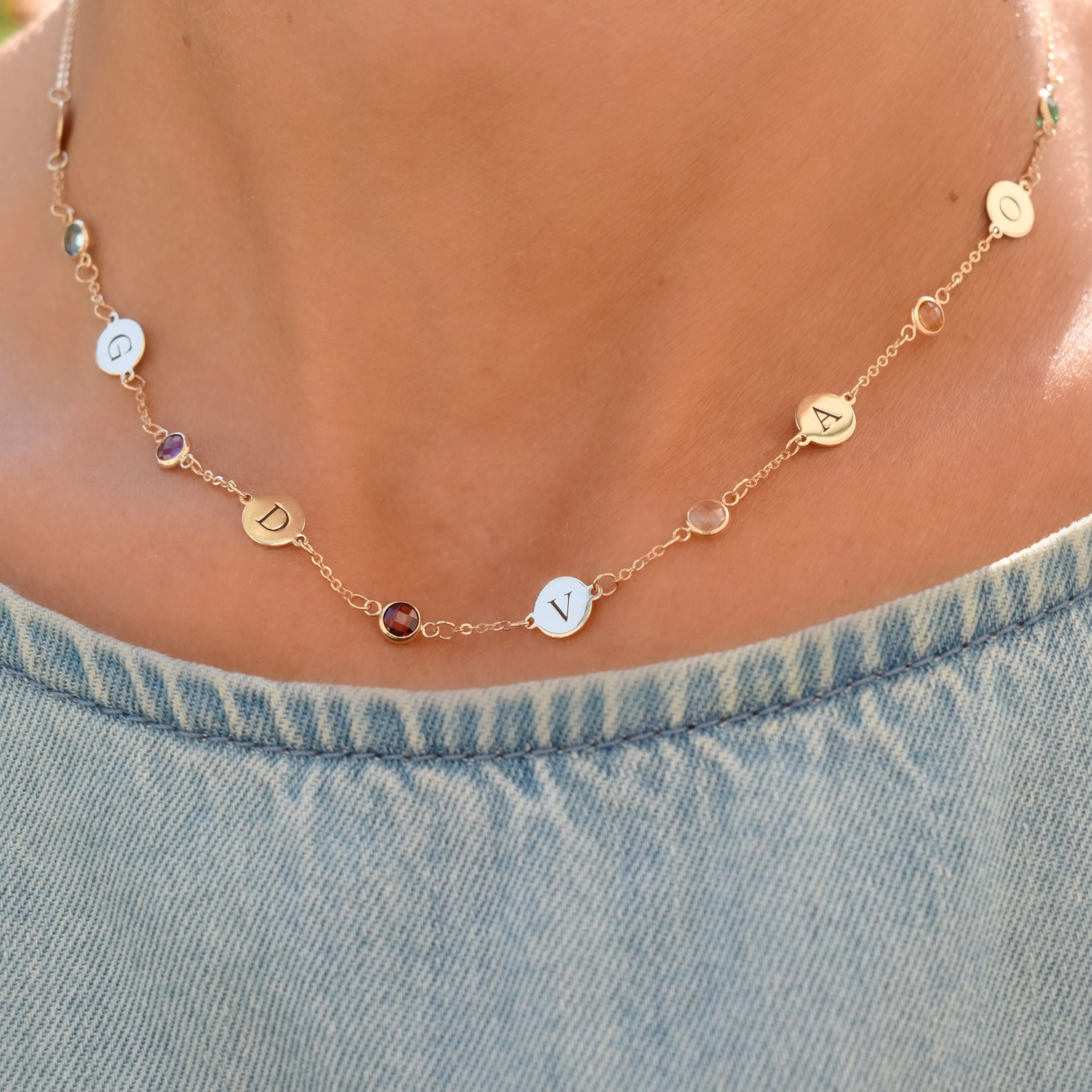 6 Letter & 6 Petite Birthstone Necklace in 14k Gold (Single Spacing) sold by Haverhill product image thumbnail 3