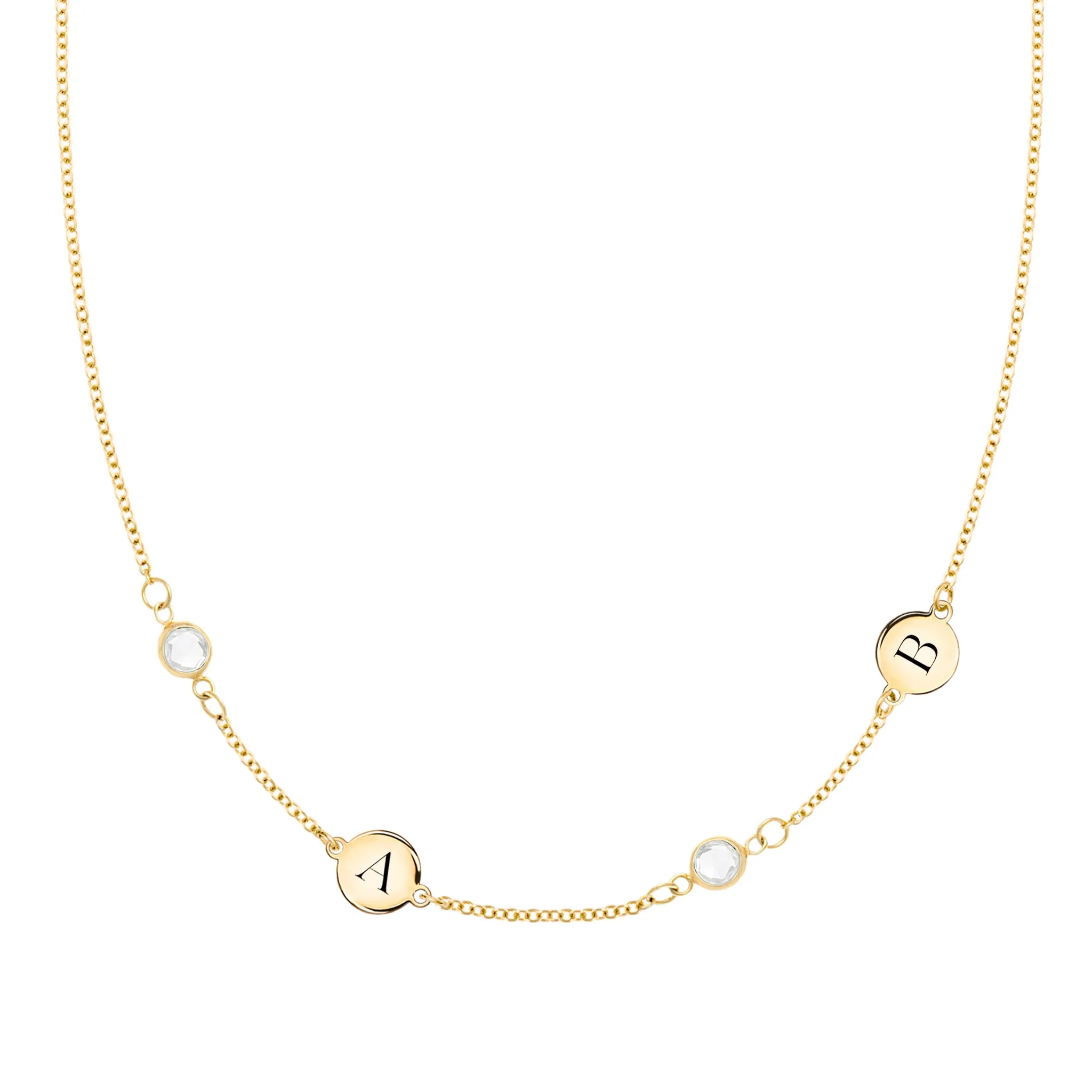 2 Letter & 2 Petite Birthstone Necklace in 14k Gold (Double Spacing) sold by Haverhill