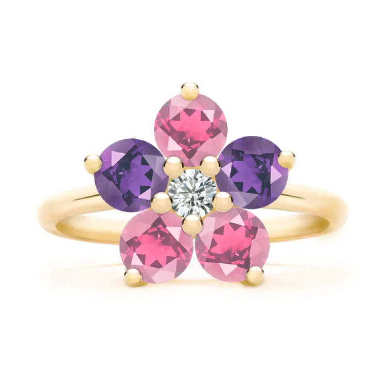 Personalized Greenwich Flower Birthstone & Diamond Ring in 14k Gold sold by Haverhill