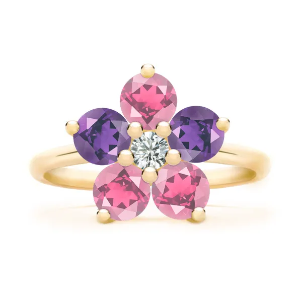 Personalized Greenwich Flower Birthstone & Diamond Ring in 14k Gold sold by Haverhill