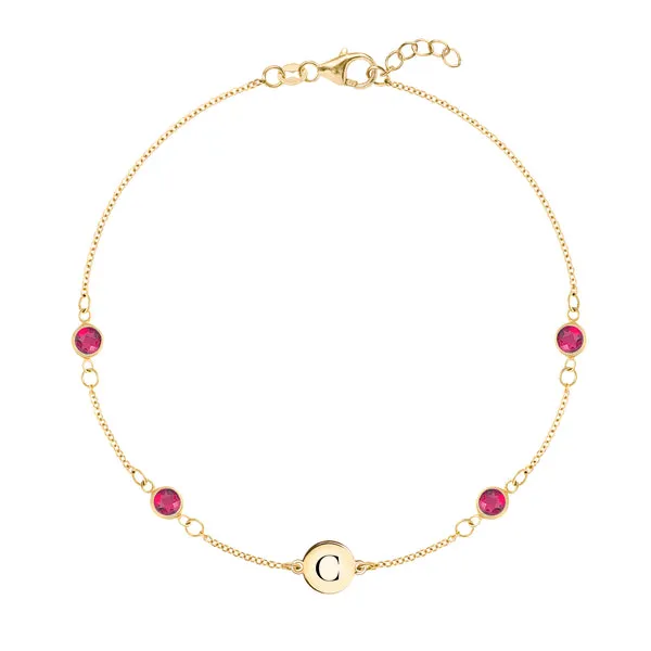 Personalized Classic 1 Letter & 4 Ruby Bracelet in 14k Gold (July) sold by Haverhill