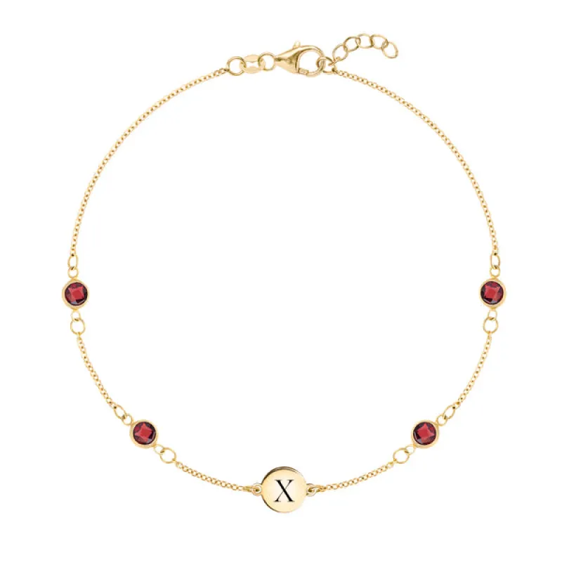 Personalized 1 Letter & 4 Classic Garnet Bracelet in 14k Gold (January) sold by Haverhill
