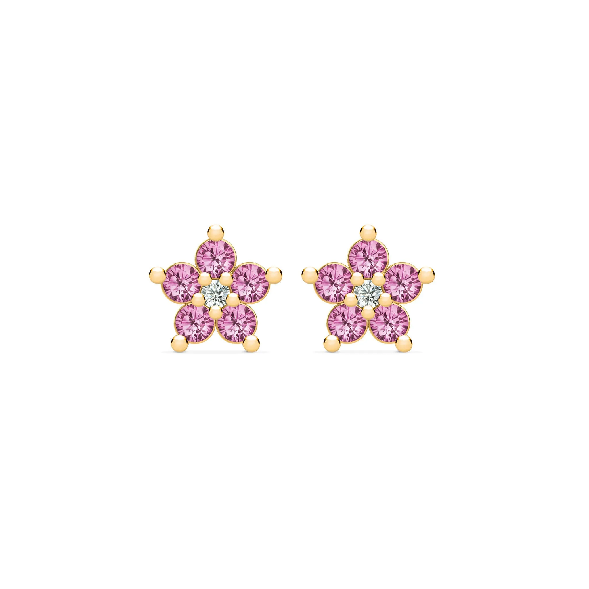 Greenwich Mini Flower Pink Sapphire & Diamond Earrings in 14k Gold (October) sold by Haverhill