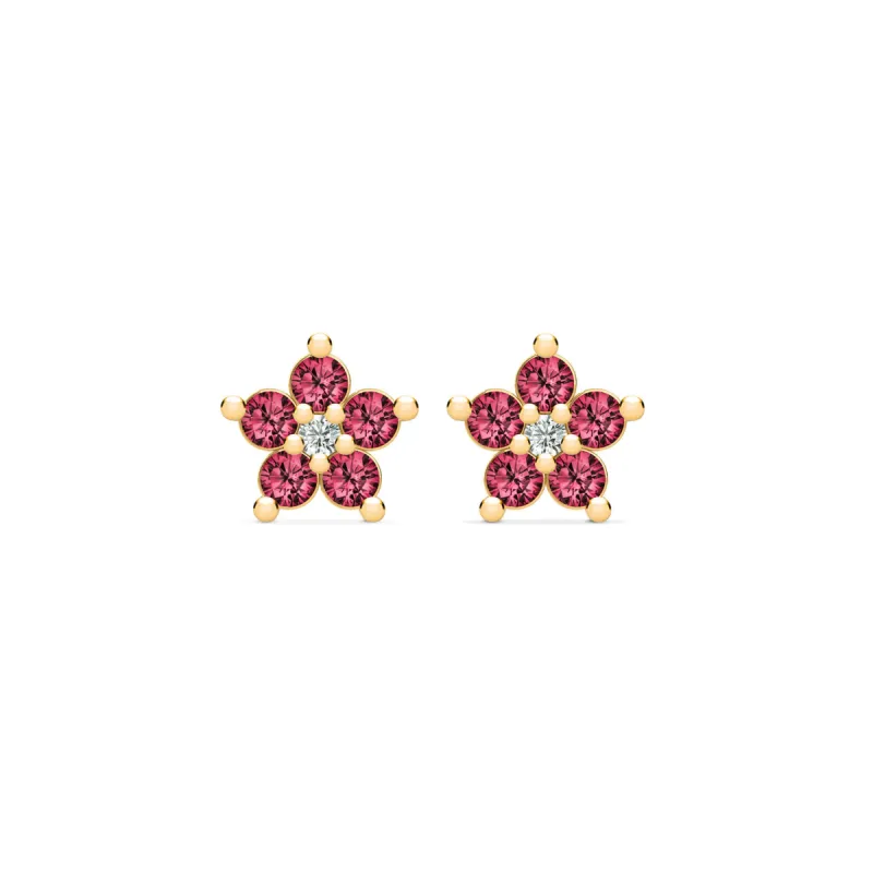 Greenwich Mini Flower Ruby & Diamond Earrings in 14k Gold (July) sold by Haverhill