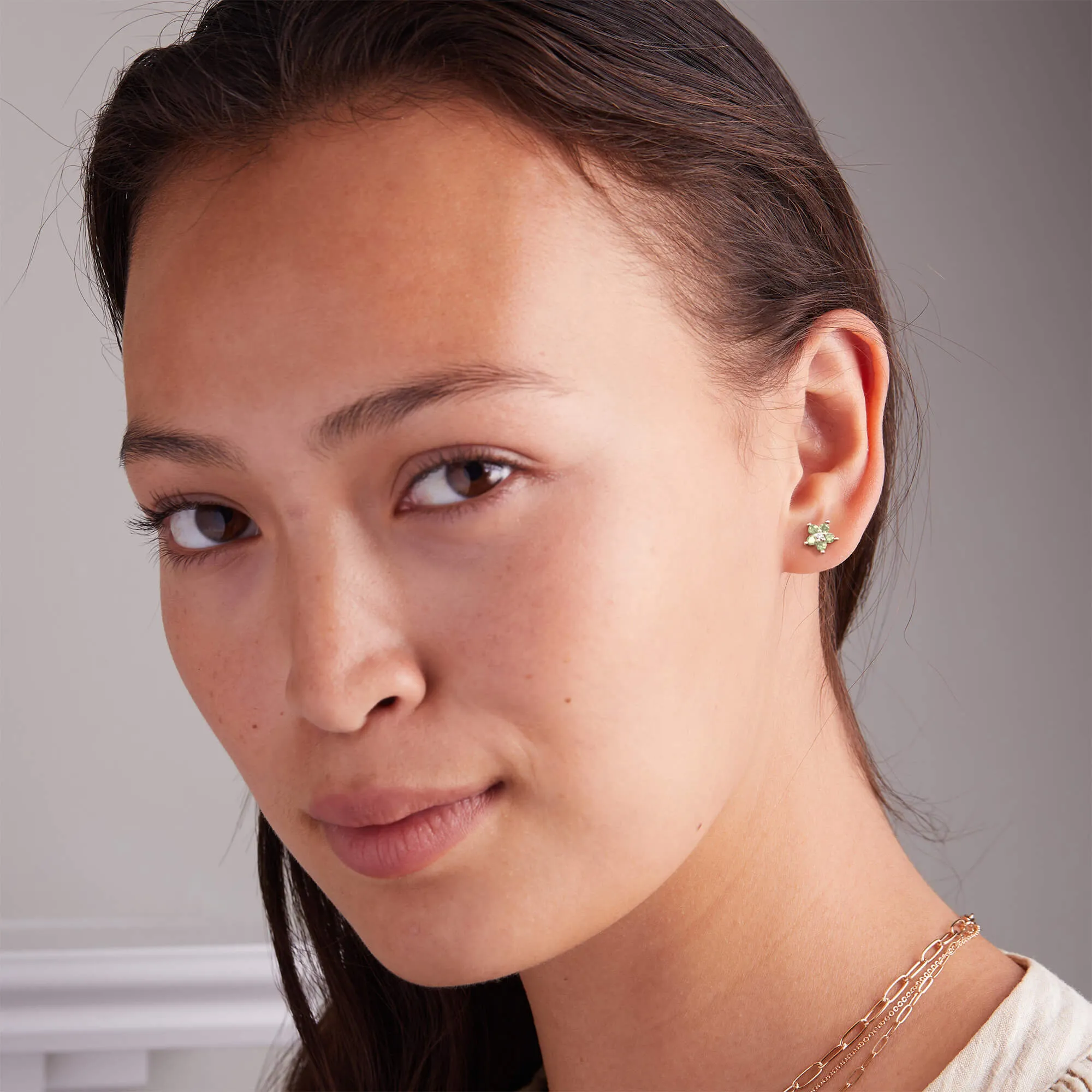 Greenwich Mini Flower Peridot & Diamond Earrings in 14k Gold (August) sold by Haverhill product image thumbnail 2