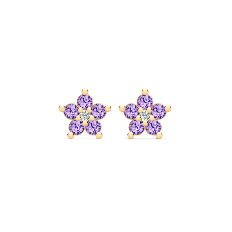 Greenwich Mini Flower Amethyst & Diamond Earrings in 14k Gold (February) sold by Haverhill