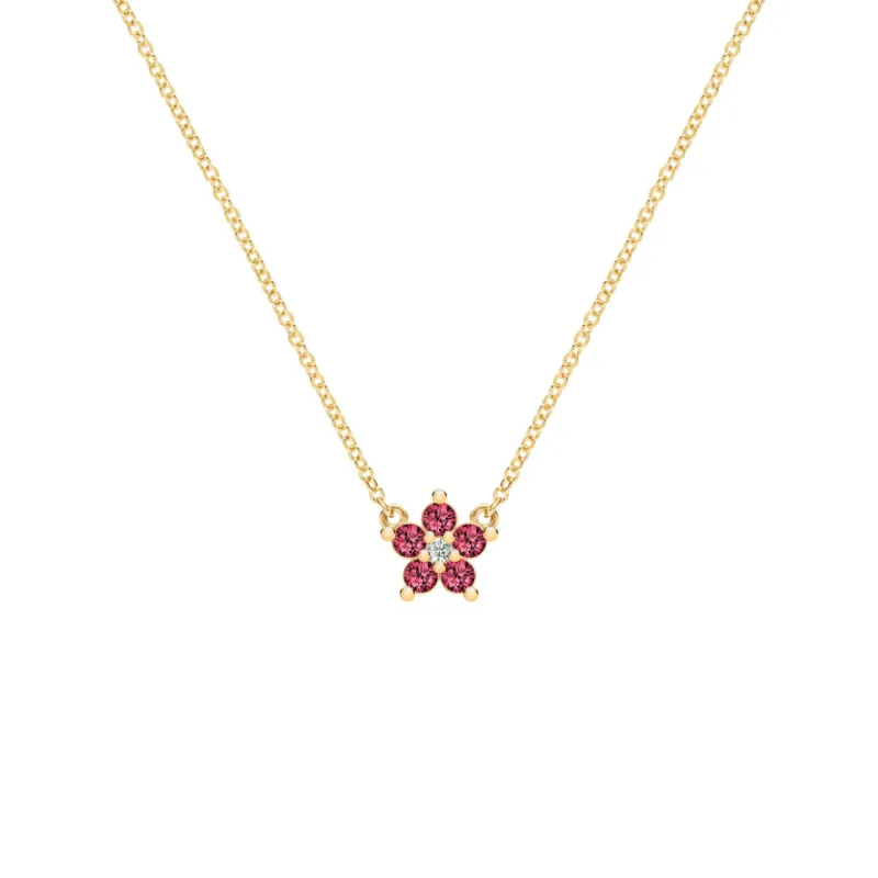Greenwich Mini Flower Ruby & Diamond Necklace in 14k Gold (July) sold by Haverhill