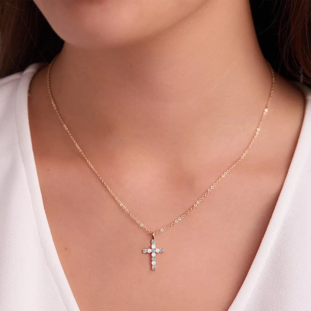 Rosecliff Cross Diamond & Opal Pendant in 14k Gold (October) sold by Haverhill product image thumbnail 3