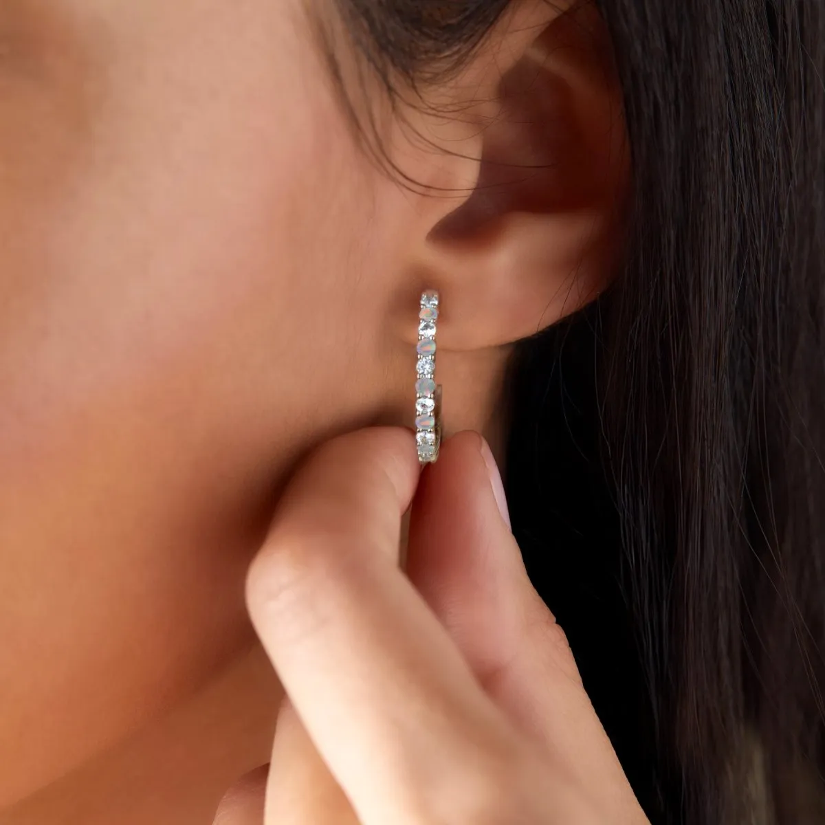 Rosecliff Diamond & Opal Hoop Earrings in 14k Gold (October) sold by Haverhill product image thumbnail 3