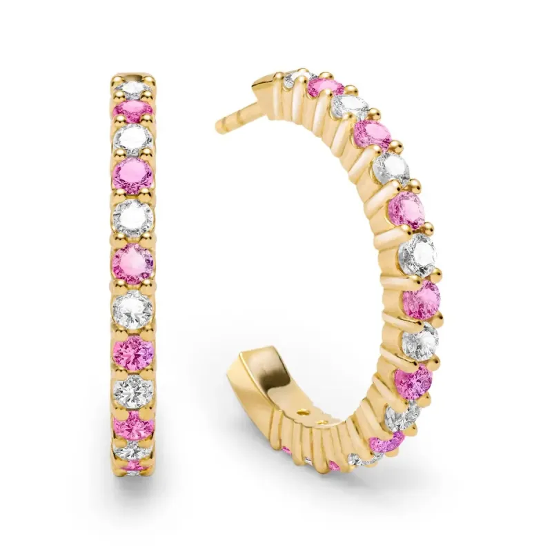 Rosecliff Diamond & Pink Sapphire Hoop Earrings in 14k Gold (October) sold by Haverhill