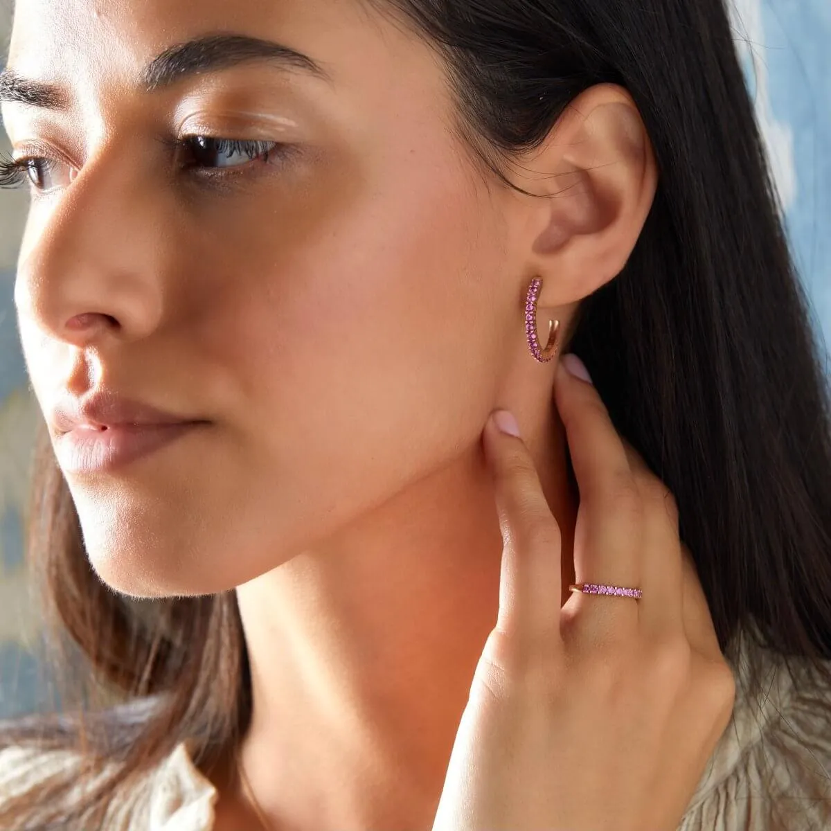 Rosecliff Pink Sapphire Hoop Earrings in 14k Gold (October) sold by Haverhill product image thumbnail 2