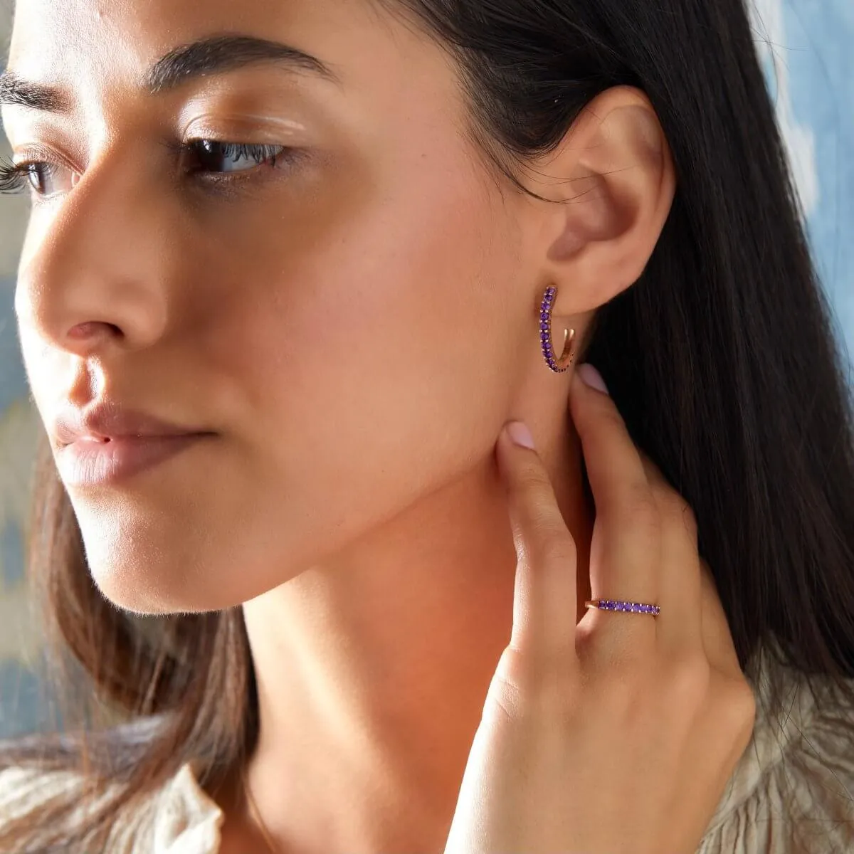 Rosecliff Amethyst Hoop Earrings in 14k Gold (February) sold by Haverhill product image thumbnail 2
