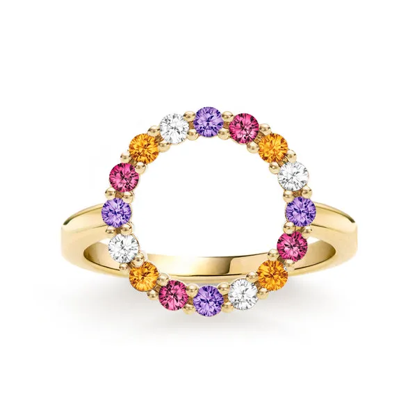 Personalized Rosecliff Circle Birthstone Ring in 14k Gold sold by Haverhill