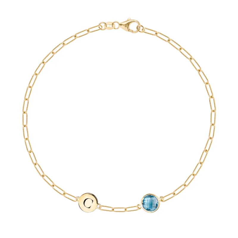 Personalized 1 Letter & 1 Grand Nantucket Blue Topaz Adelaide Mini Bracelet in 14k Gold (December) sold by Haverhill